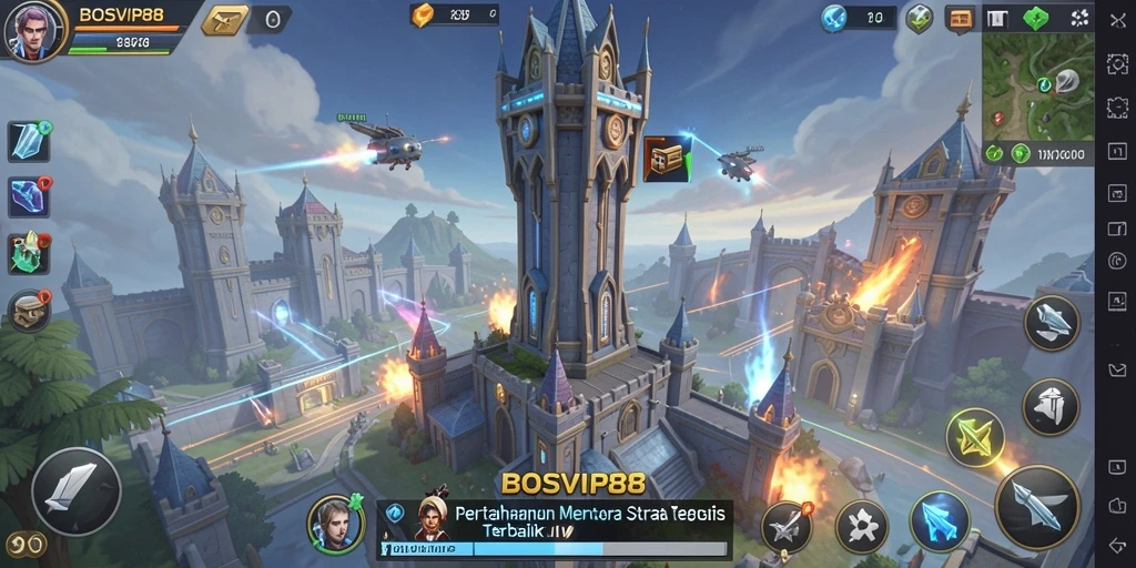 Screenshot gameplay menampilkan aksi pertahanan menara yang mendebarkan.