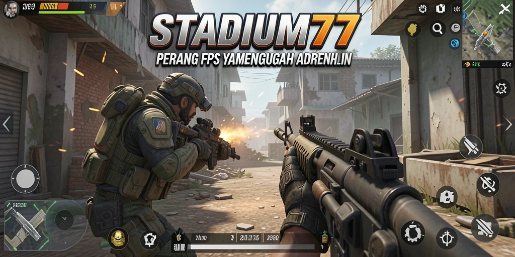 Screenshot gameplay STADIUM77 menampilkan aksi intens dalam pertempuran FPS.