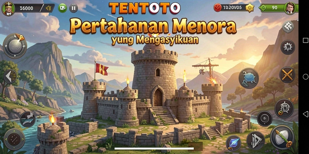 Screenshot gameplay TENTOTO yang menunjukkan menara pertahanan beraksi.